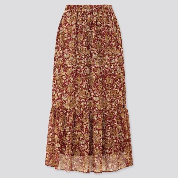 Uniqlo Women’s Joy of Print Chiffon Long Tiered Floral Red Skirt - Picture 1 of 6